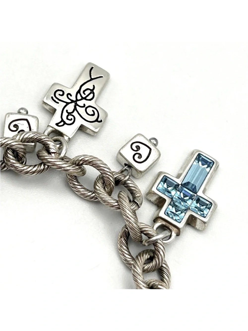 Brighton Purity Silver Tone Cross Bracelet ~Blue, Purple Crystals~ 8